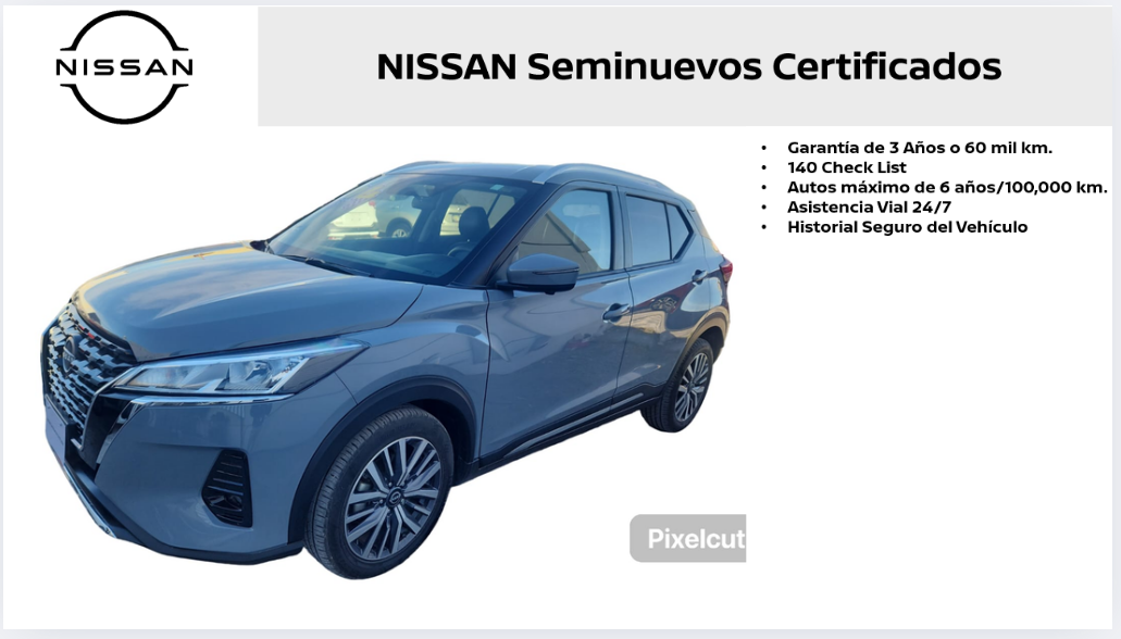 2024 Nissan Kicks VUD 5 pts. Exclusive, 1.6l, TA, a/ac. Aut., piel, GPS, RA-17 (línea anterior)