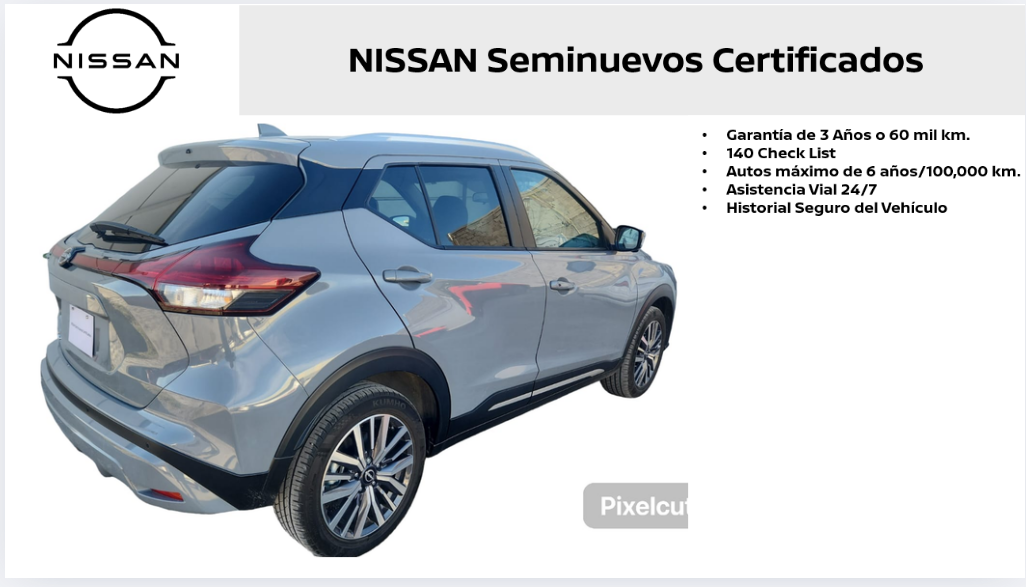 2024 Nissan Kicks VUD 5 pts. Exclusive, 1.6l, TA, a/ac. Aut., piel, GPS, RA-17 (línea anterior)