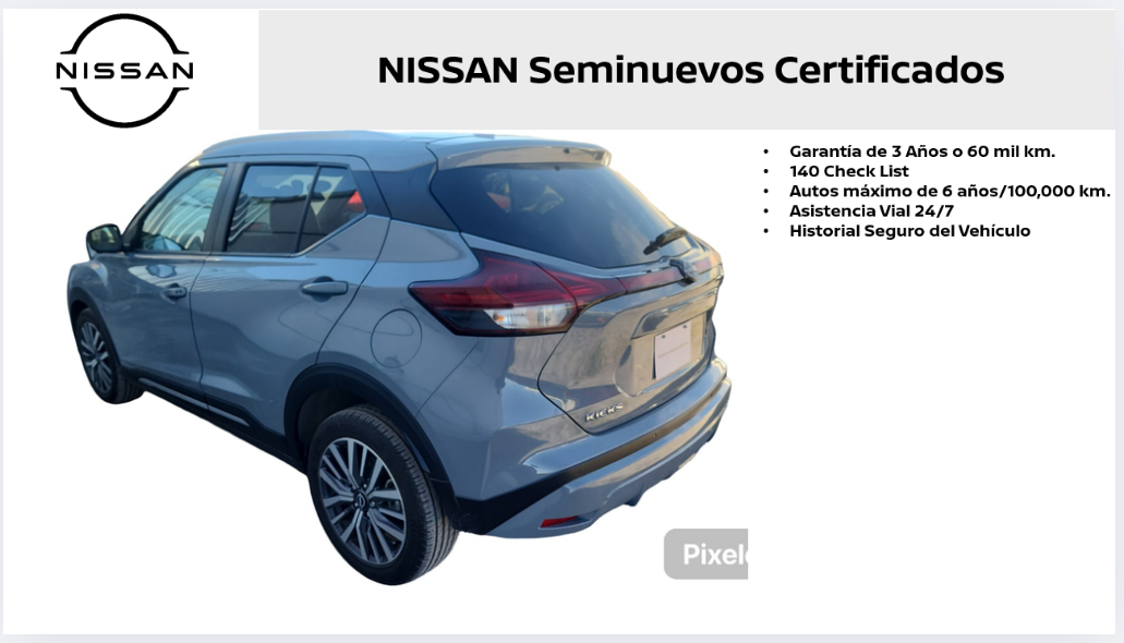 2024 Nissan Kicks VUD 5 pts. Exclusive, 1.6l, TA, a/ac. Aut., piel, GPS, RA-17 (línea anterior)